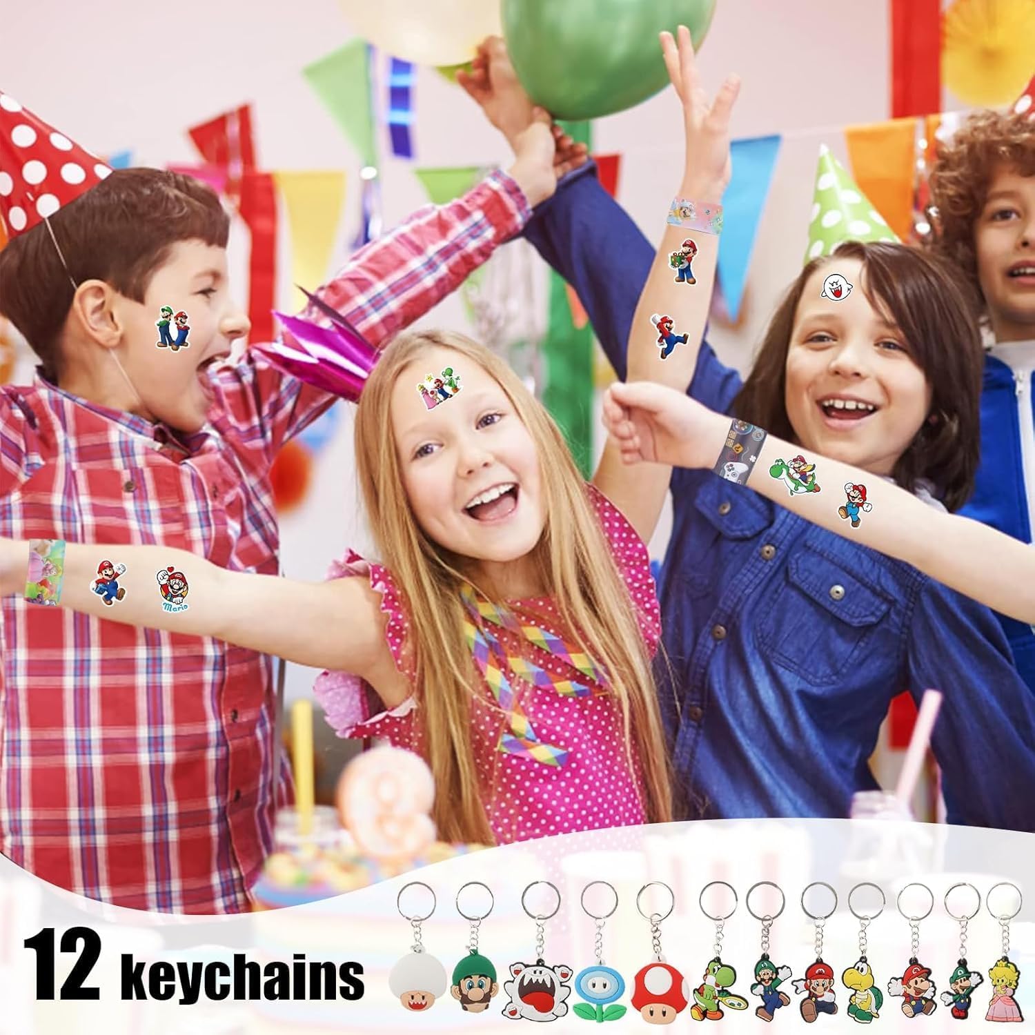 Set cadeaux de fête Mario 98 pièces avec 12 porte-clés, 50 stickers, 20 sacs cadeaux et 16 bracelets – Image 5
