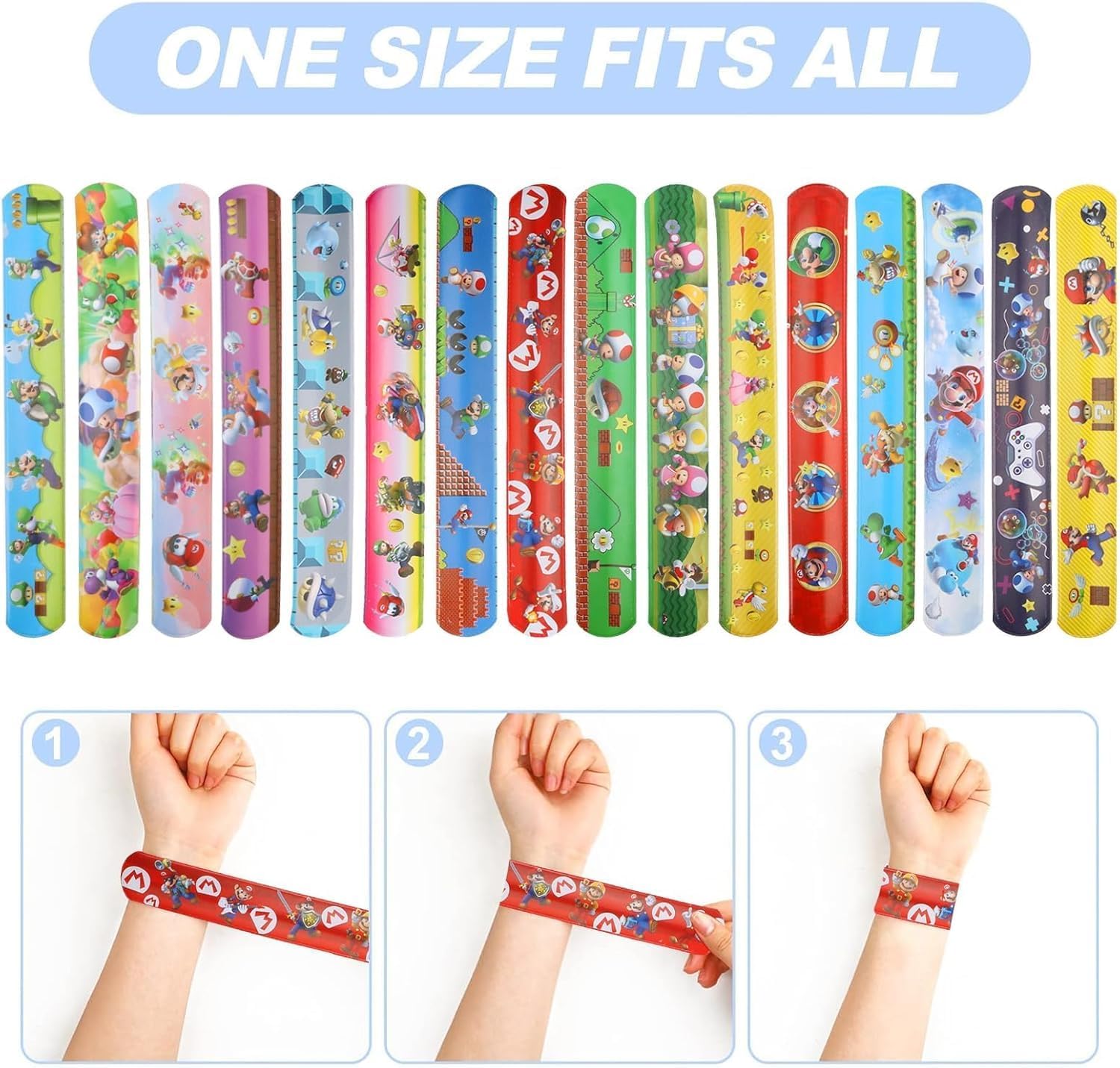 Set cadeaux de fête Mario 98 pièces avec 12 porte-clés, 50 stickers, 20 sacs cadeaux et 16 bracelets – Image 3