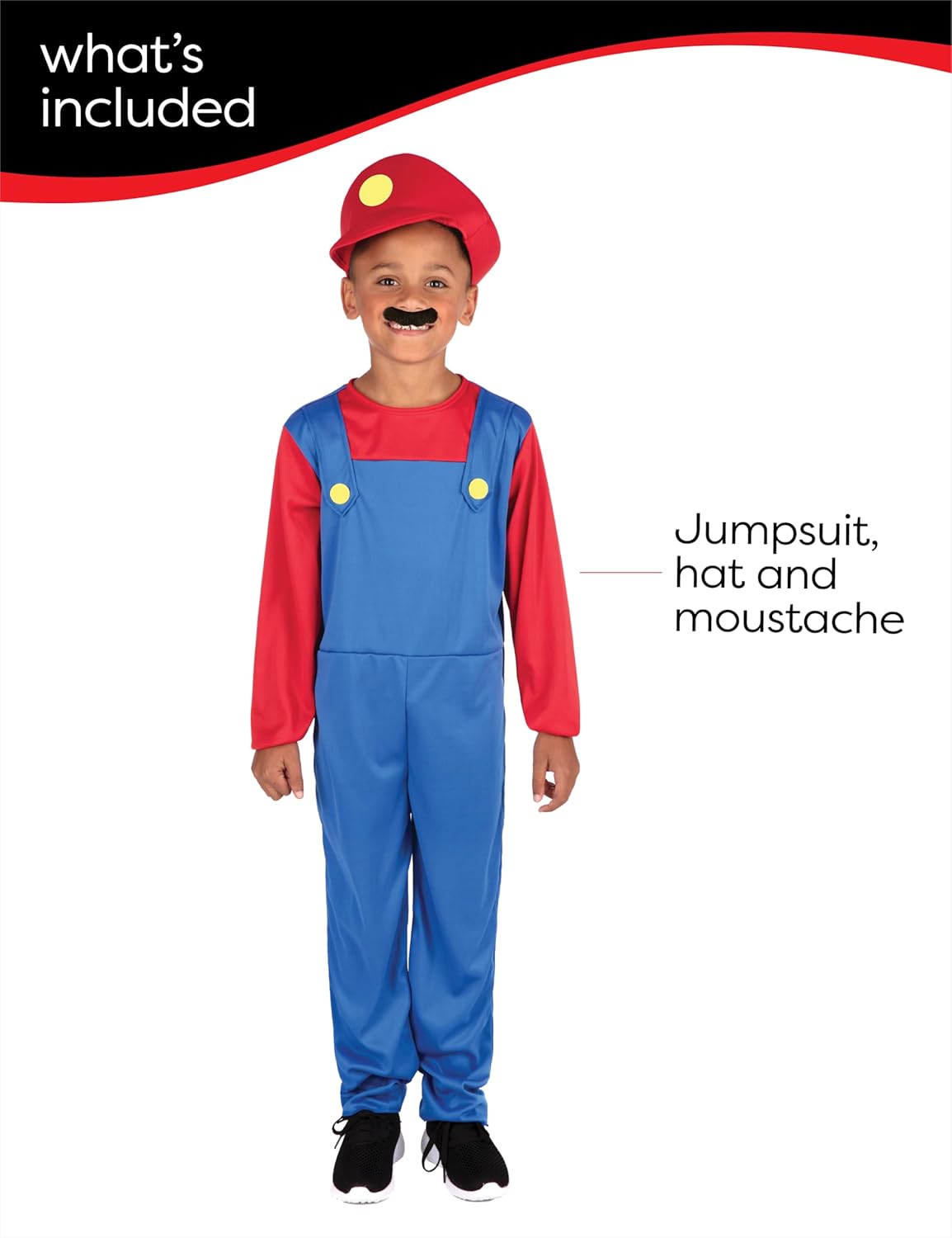 Costume Mario Bros enfant rouge et bleu avec bonnet et moustache – Image 3