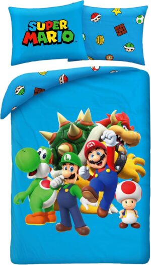 Parure de lit bleue Super Mario réversible avec Mario, Luigi, Toad, Peach, Wario et Yoshi