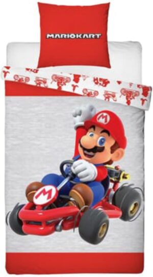Parure Mario Kart réversible pour lit 1 place, housse 140x200 et taie 63x63