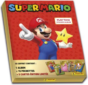 Coffret Stickers Super Mario Panini avec album, 15 pochettes et 5 cartes Gold
