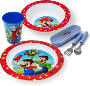 Set repas enfant Super Mario avec assiette, bol, gobelet et couverts