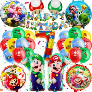 Kit anniversaire Mario 7 ans avec bannière et 32 ballons