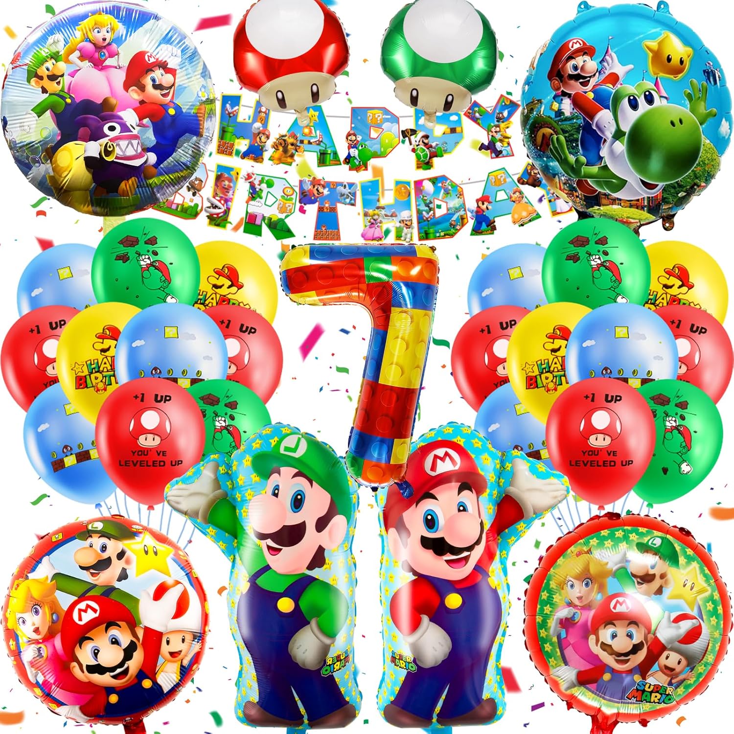 Kit anniversaire Mario 7 ans avec bannière et 32 ballons