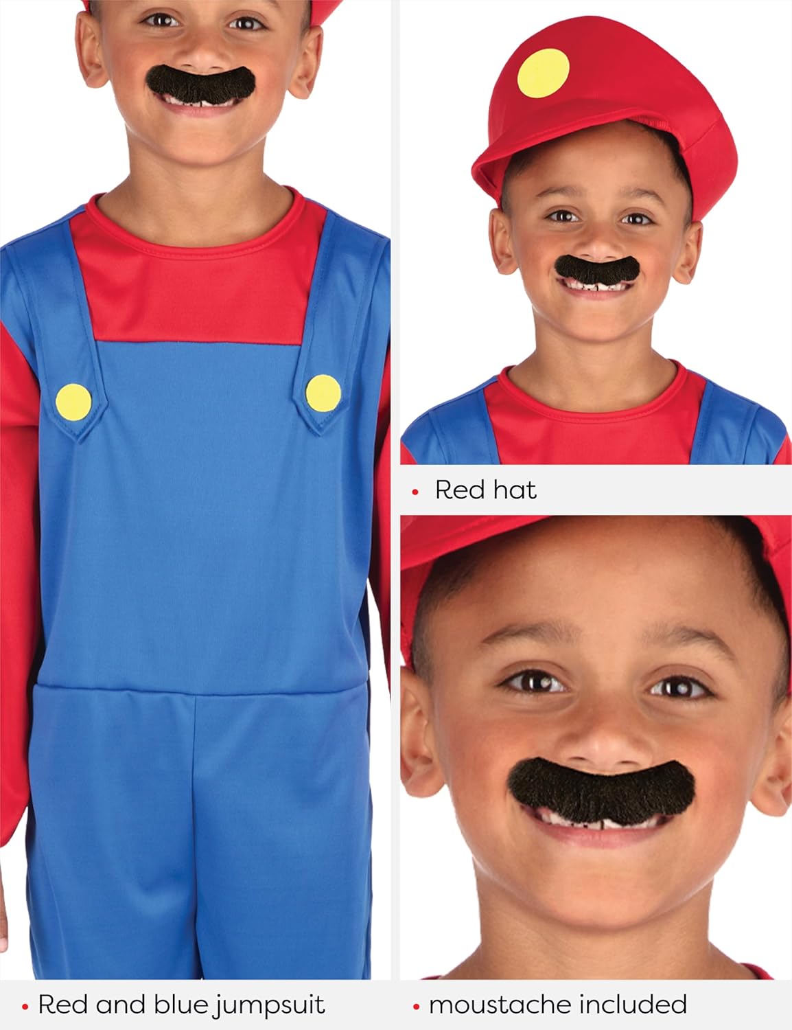 Costume Mario Bros enfant rouge et bleu avec bonnet et moustache – Image 5
