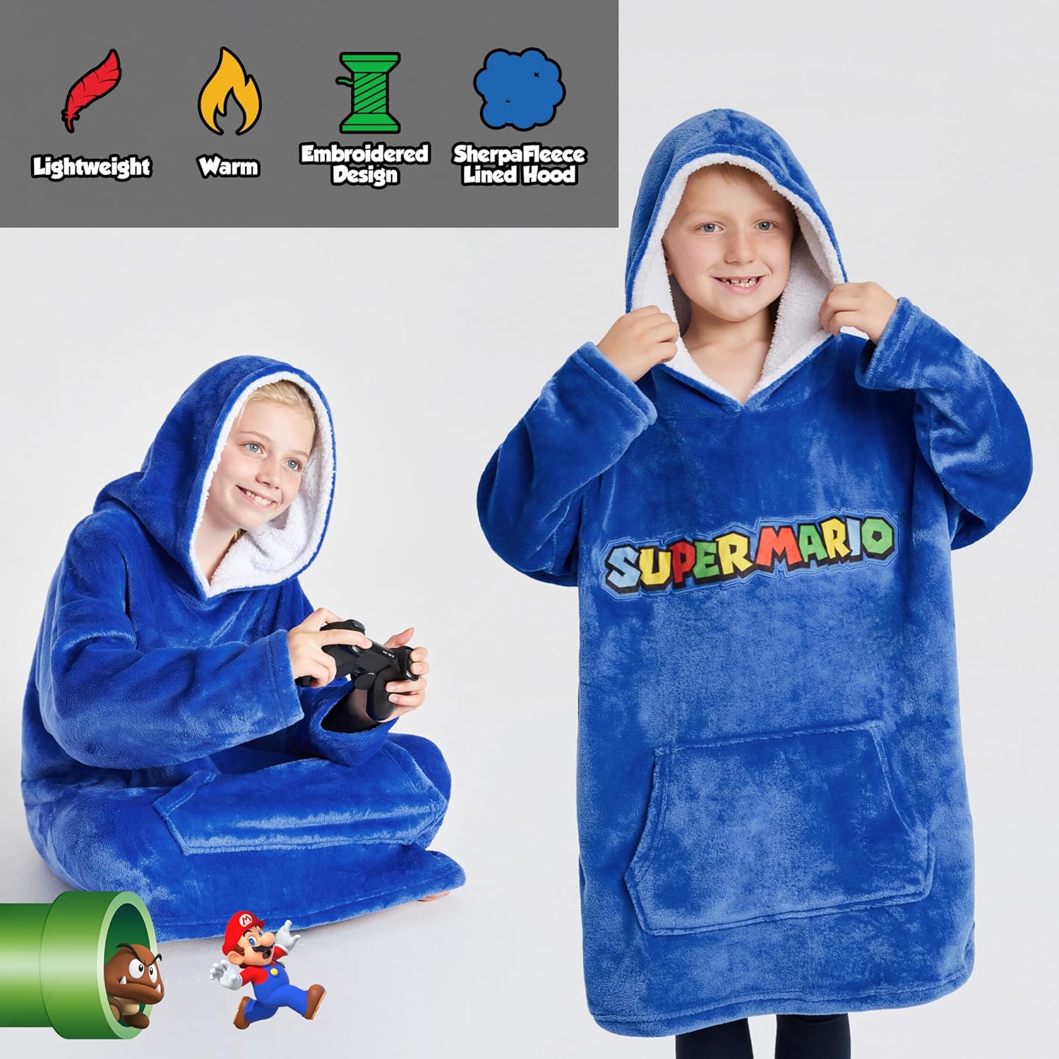 Sweat à capuche enfant Super Mario plaid polaire bleu – Image 5