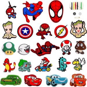 Lot de 22 écussons thermocollants et à coudre multicolores Super Mario, Spider Man et Pokémon