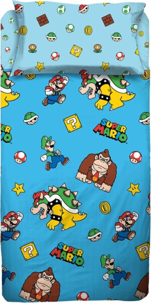 Parure de lit 1 place Super Mario en 100 % pur coton bleu clair