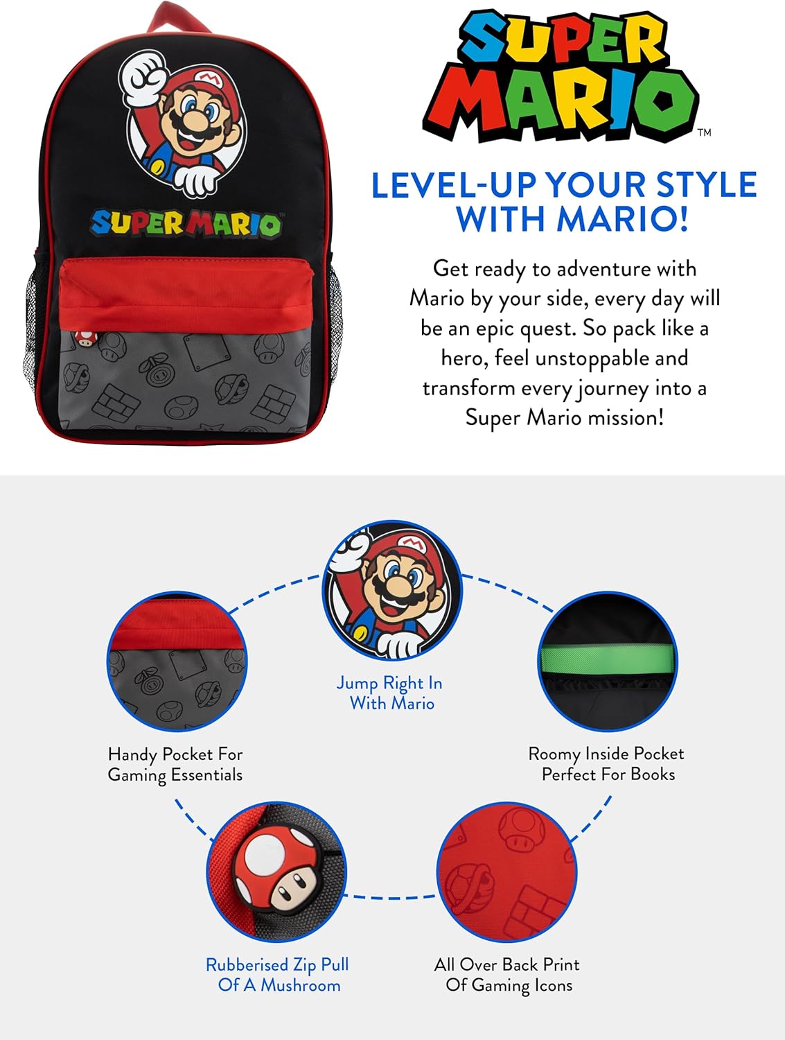 Sac à dos enfant Super Mario noir avec Mario – Image 7