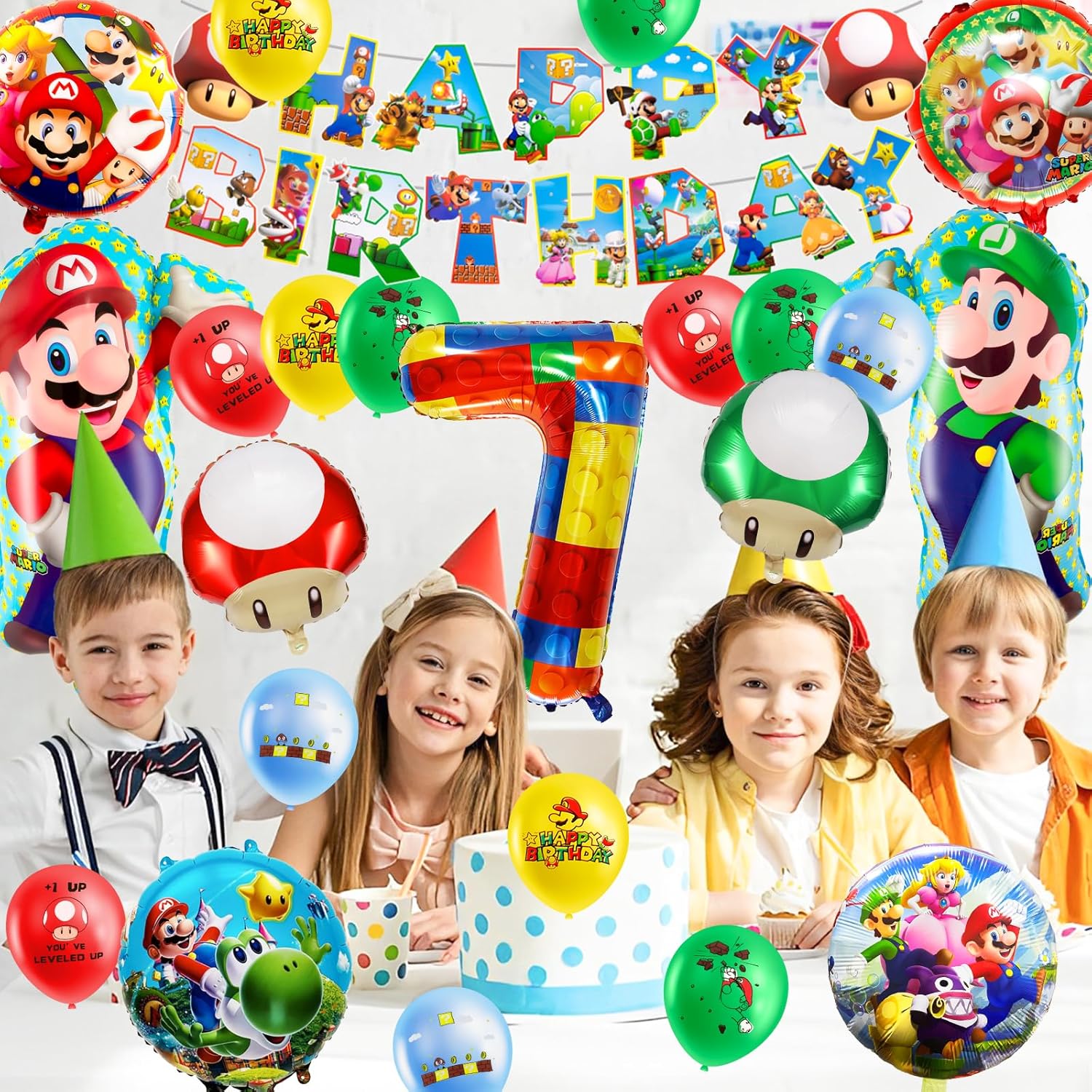 Kit anniversaire Mario 7 ans avec bannière et 32 ballons – Image 4