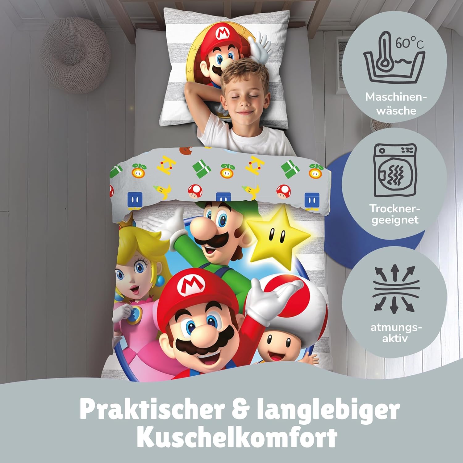 Parure de lit Super Mario Classic Luigi Yoshi réversible en 100 % coton – Image 3
