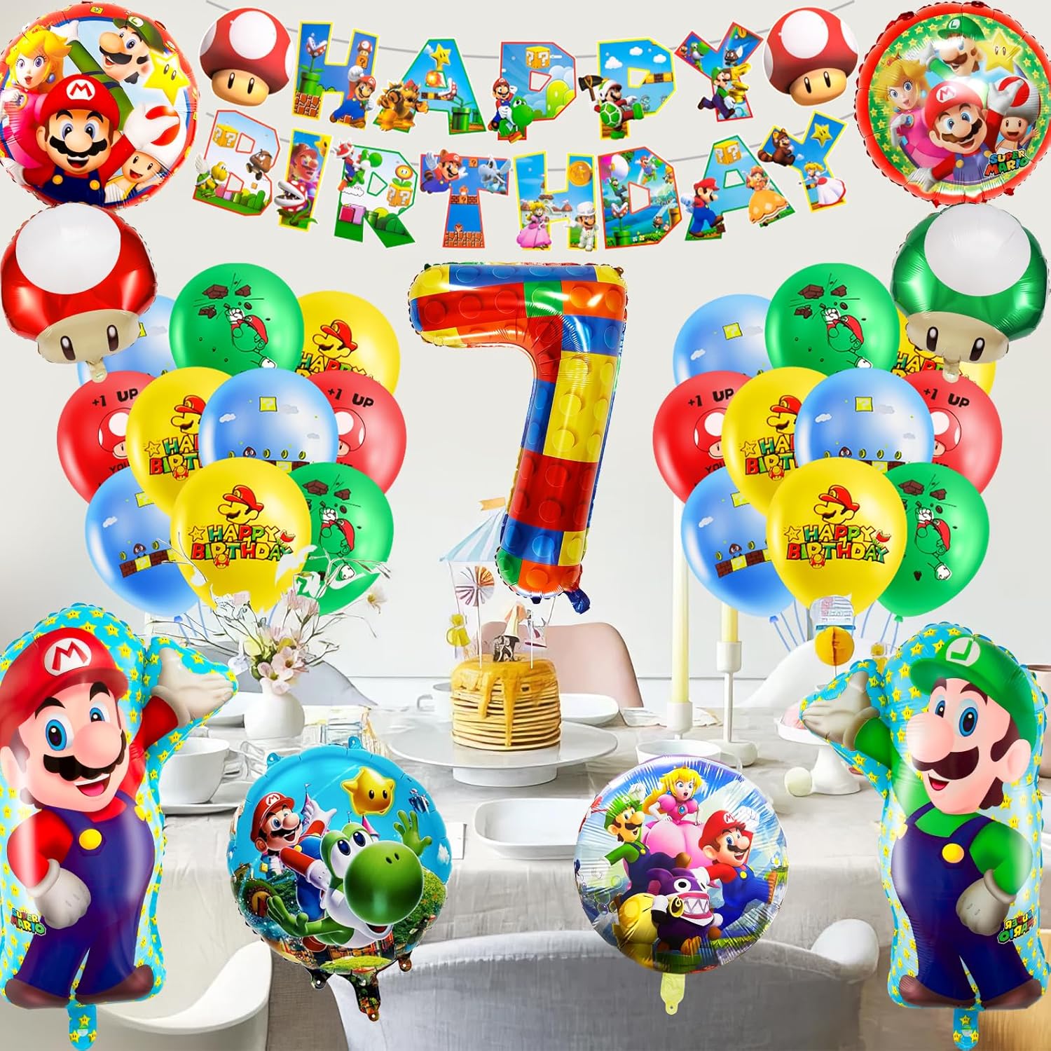 Kit anniversaire Mario 7 ans avec bannière et 32 ballons – Image 3