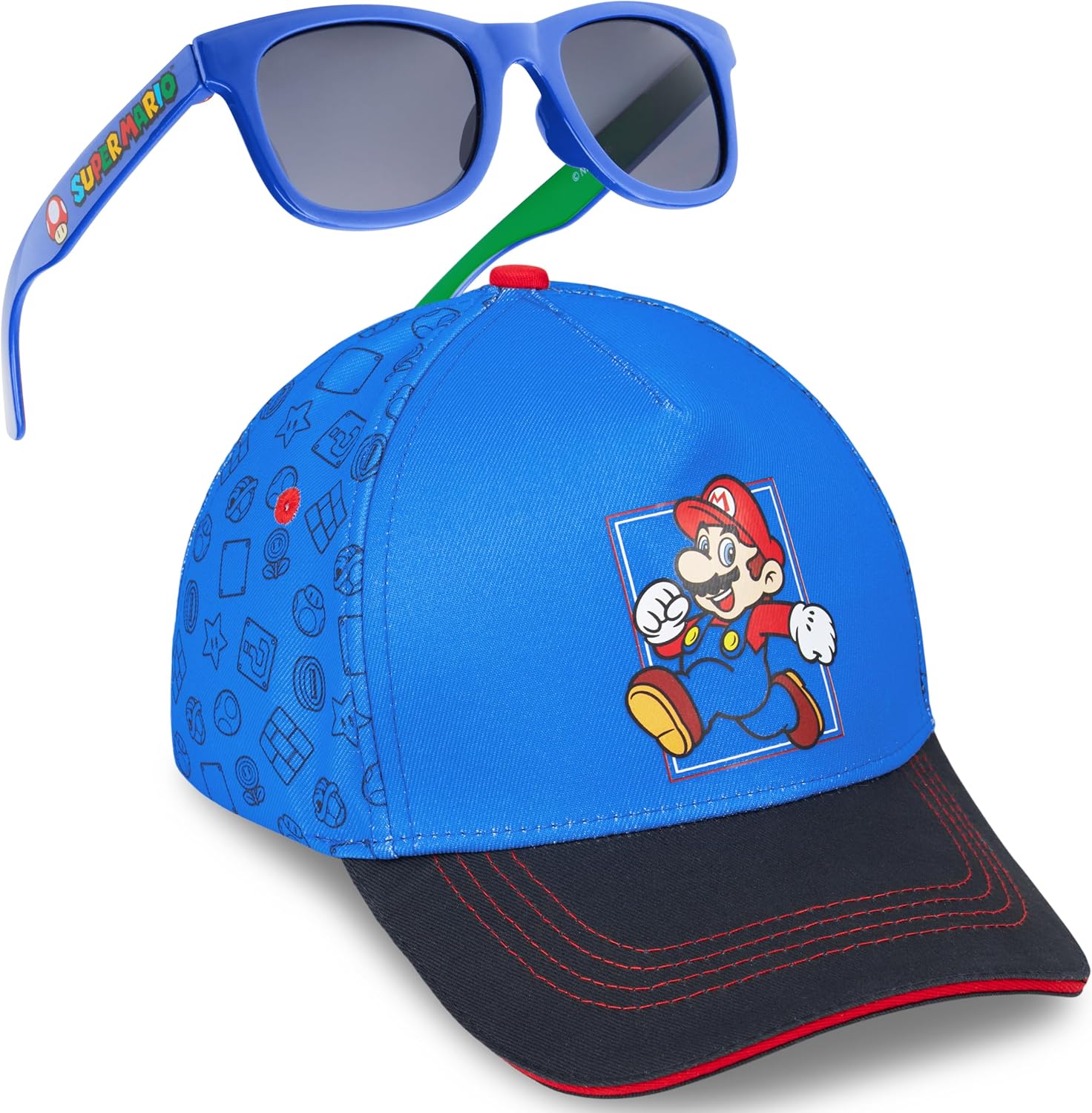 Ensemble Mario bleu avec casquette réglable et lunettes de soleil