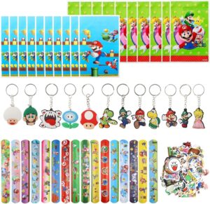 Set cadeaux de fête Mario 98 pièces avec 12 porte-clés, 50 stickers, 20 sacs cadeaux et 16 bracelets