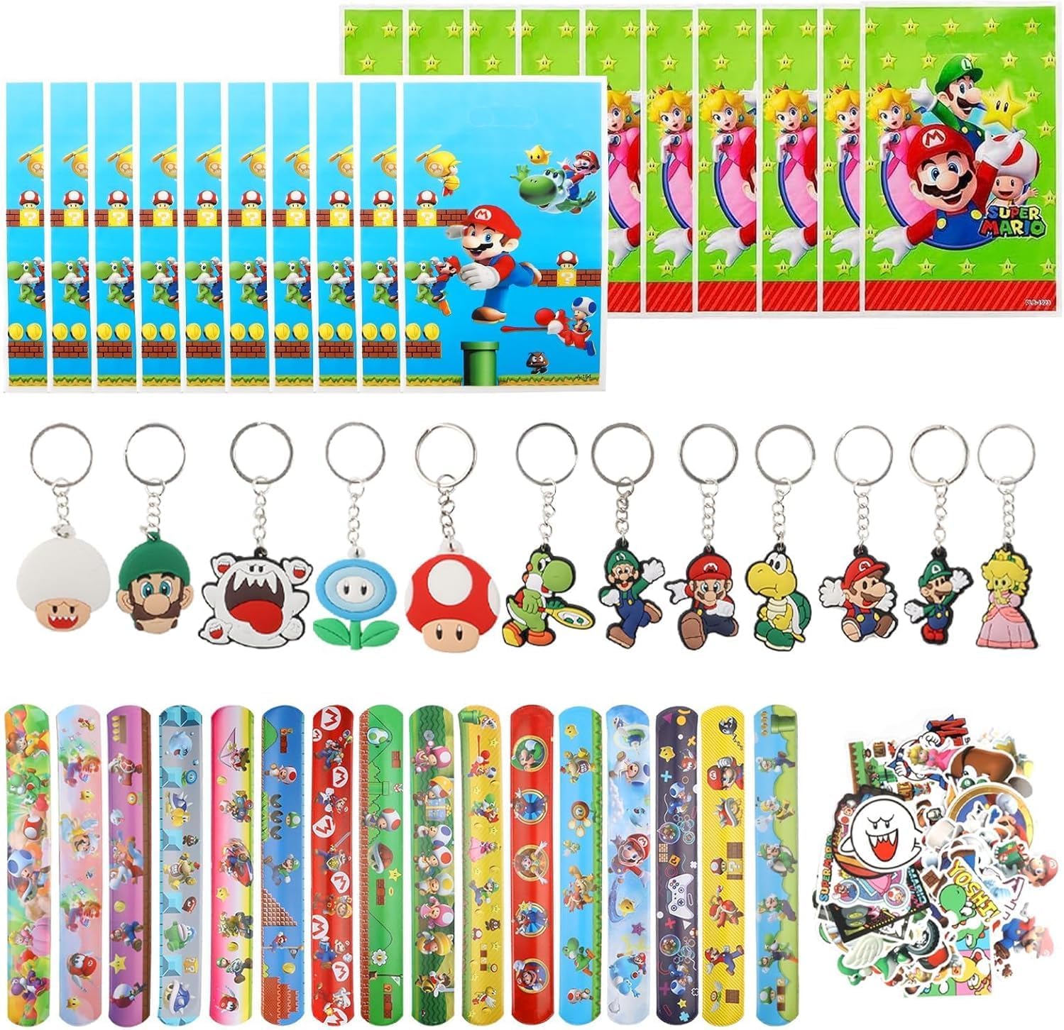 Set cadeaux de fête Mario 98 pièces avec 12 porte-clés, 50 stickers, 20 sacs cadeaux et 16 bracelets