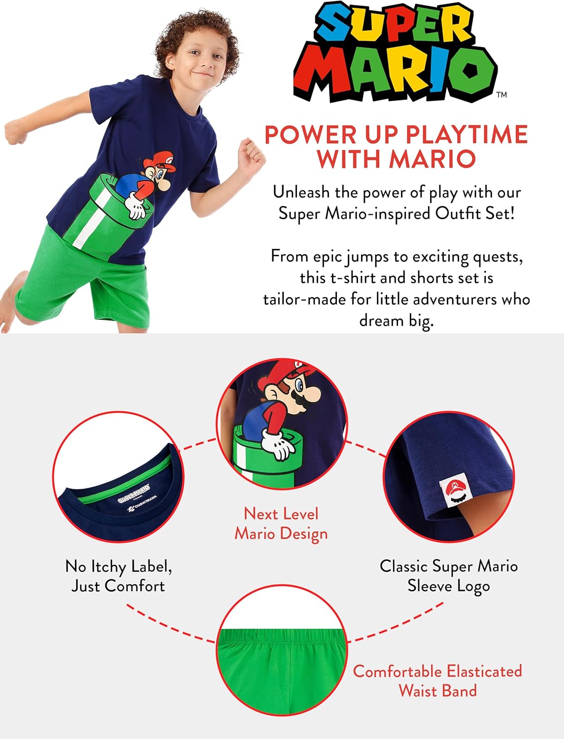 Ensemble garçon Super Mario, haut marine et short vert Mario – Image 5