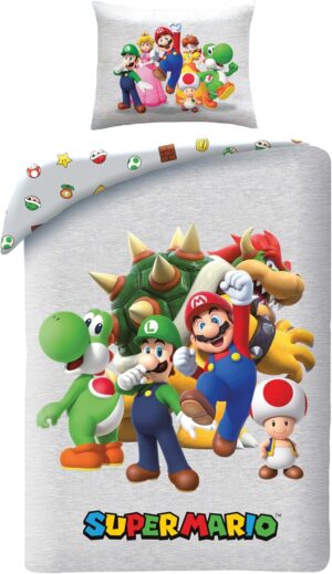 Parure de lit réversible Super Mario avec Mario, Luigi, Toad, Peach, Wario et Yoshi