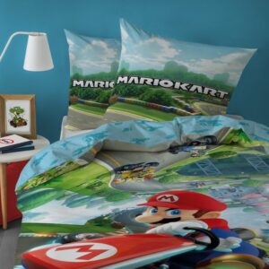Parure de lit enfant Mario Kart bleu réversible 140x200 + taie 63x63