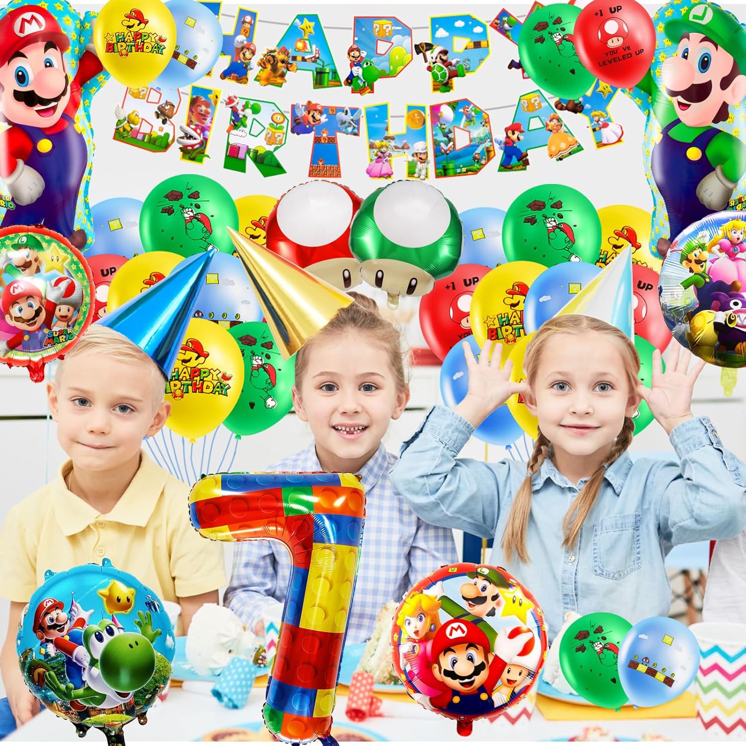 Kit anniversaire Mario 7 ans avec bannière et 32 ballons – Image 5