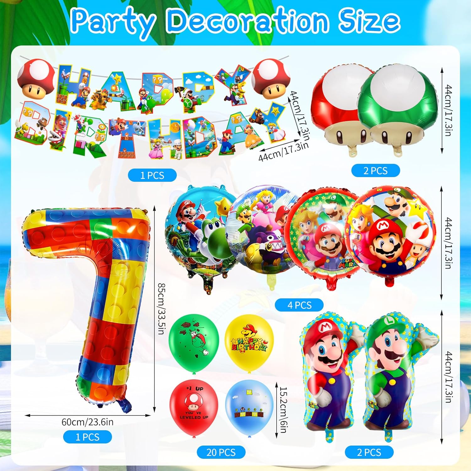 Kit anniversaire Mario 7 ans avec bannière et 32 ballons – Image 2