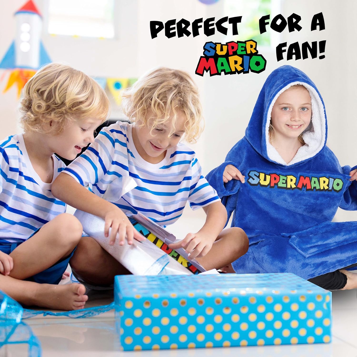 Sweat à capuche enfant Super Mario plaid polaire bleu – Image 3