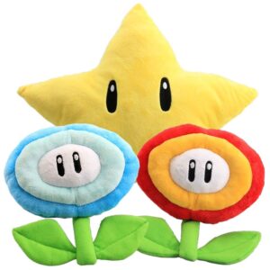 Peluches Mario en lot de 3 : Étoile 25 cm et 2 Fleurs 18 cm